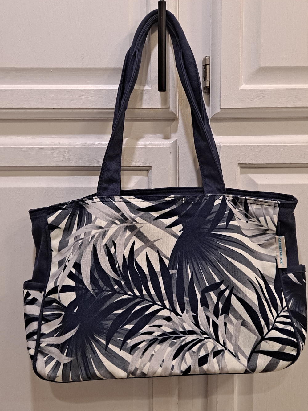 Caribbean Joe Island Supply Co Navy White Tropical Leaf Print Canvas Cotton Tote